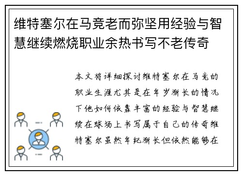 维特塞尔在马竞老而弥坚用经验与智慧继续燃烧职业余热书写不老传奇 维特塞尔在马竞老而弥坚用经验与智慧继续燃烧职业余热书写不老传奇